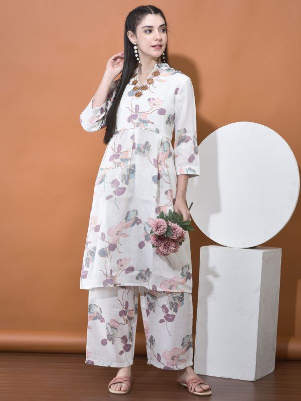 Serene Flora Embroidered Cotton-Linen Co-ord Set for Women - Ivory Pink