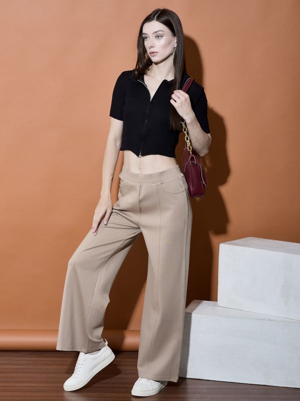 Stretch Wide-Leg Pintuck Trousers for Women - Beige (PR-165)