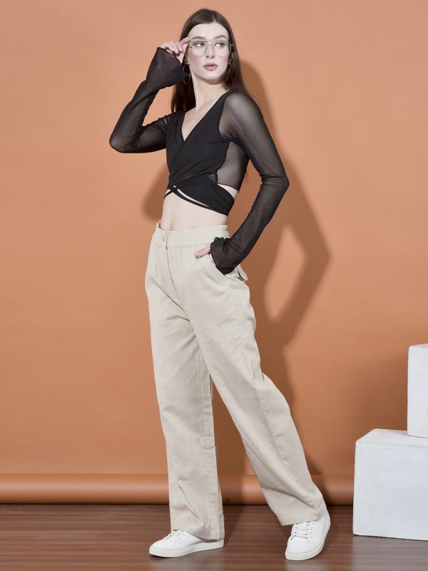 Cotton Denim Wide-Leg Trousers for Women - Fawn (PYJ-13)