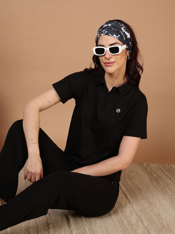 Active-Classic Ribbed Polo T-Shirt for Women - Black