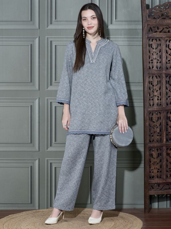 Textured Embroidered Tunic Co-ord Set for Women - Grey
