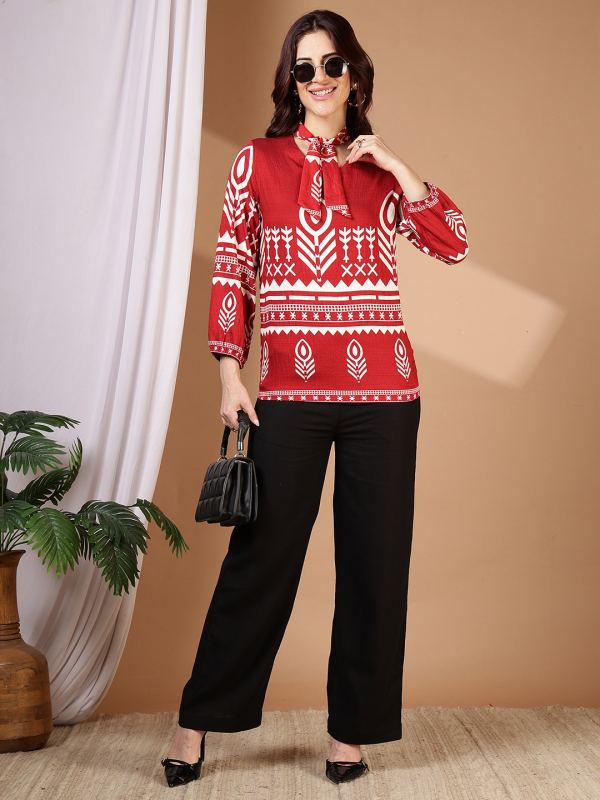 Terracotta Tie-Neck Printed Top for Women - Red & White Print