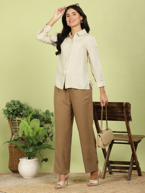 Linen-Viscose Balloon-Fit Trousers for Women - Brown (TLV-167)