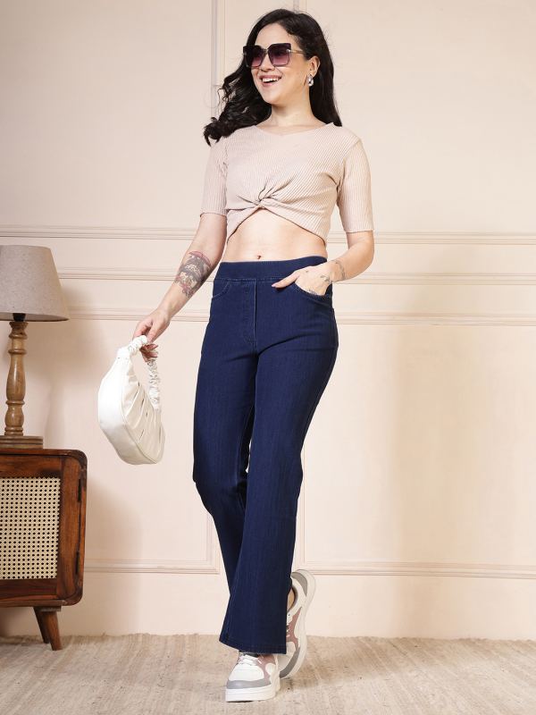 Stretch Denim Bootcut Flared Pants for Women - Dark Blue