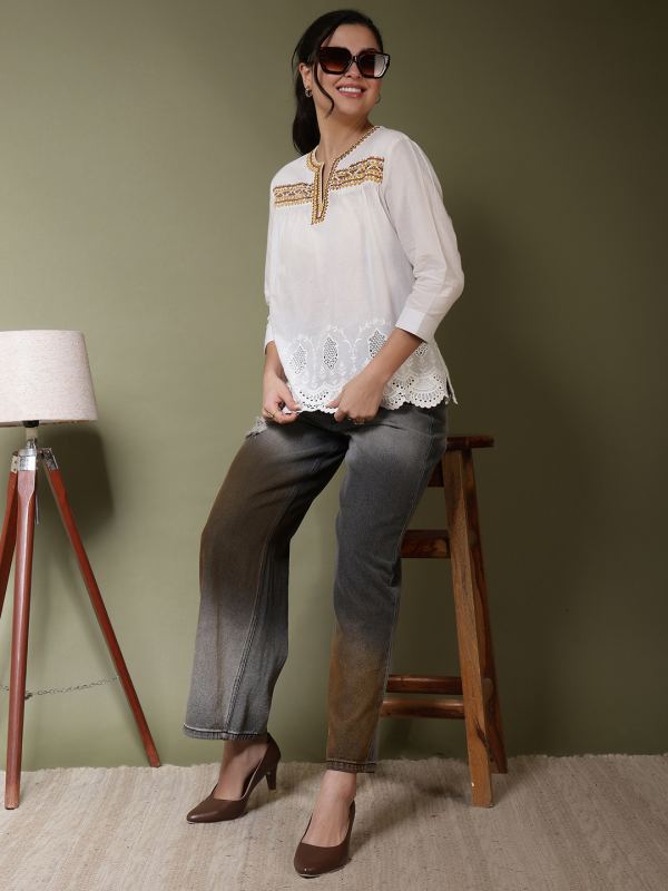 Artisan Aura Hand-Embroidered Schiffli Top for Women - Mustard