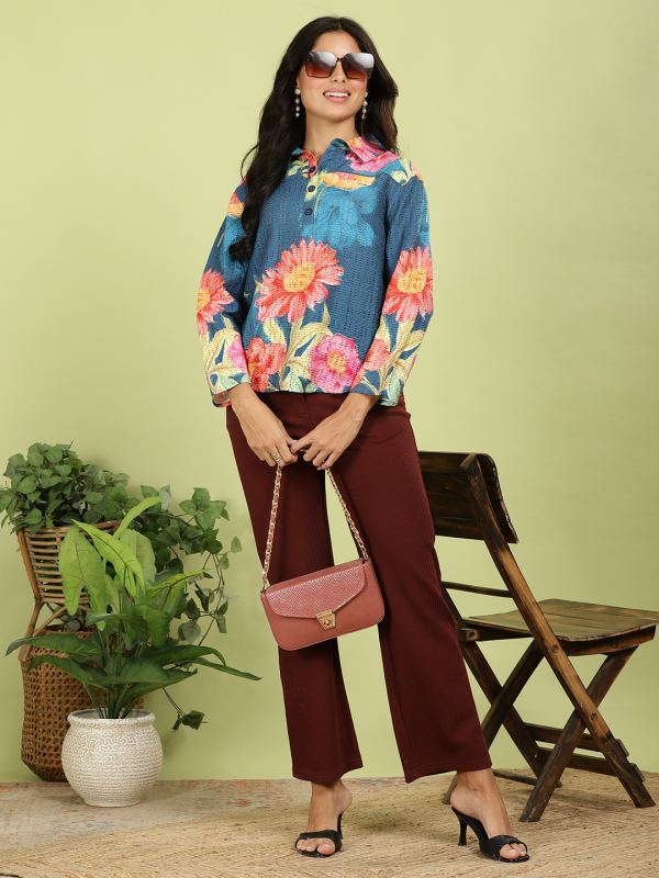 Ribbed Poly-Viscose Straight Trousers for Women - Wine (COD-126)