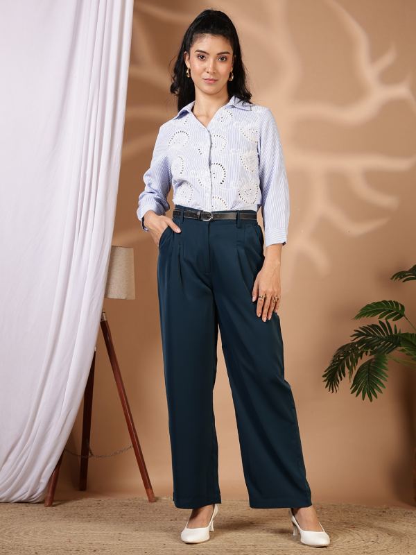 Korean Wide-Leg Pleated Trousers for Women - Teal (KP-156)