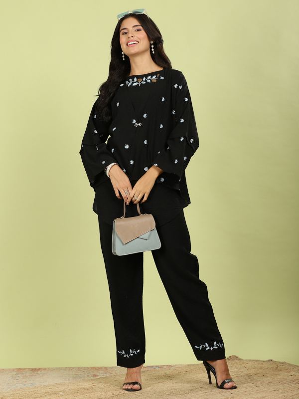 Flora Meadow Embroidered 3-Piece Layered Set for Women - Black