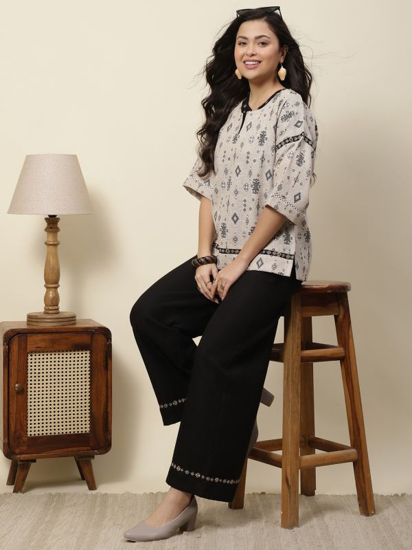 The Canvas & Vine Hand-Embroidered Cotton-Jute Co-ord Set for Women - Black