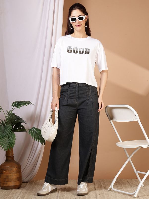 Good Vibes Boxy Oversized T-Shirt for Women - White