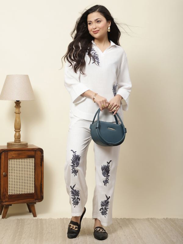 The Artisan Flora Handwork Cotton Co-ord Set for Women - White