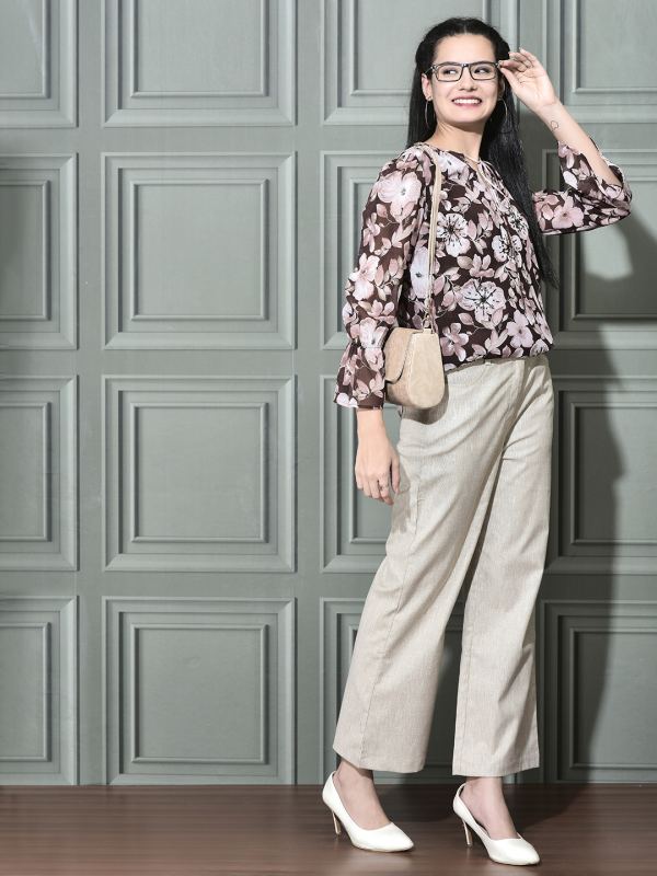 Fleur Enchant Printed Georgette Top for Women - Black & Peach