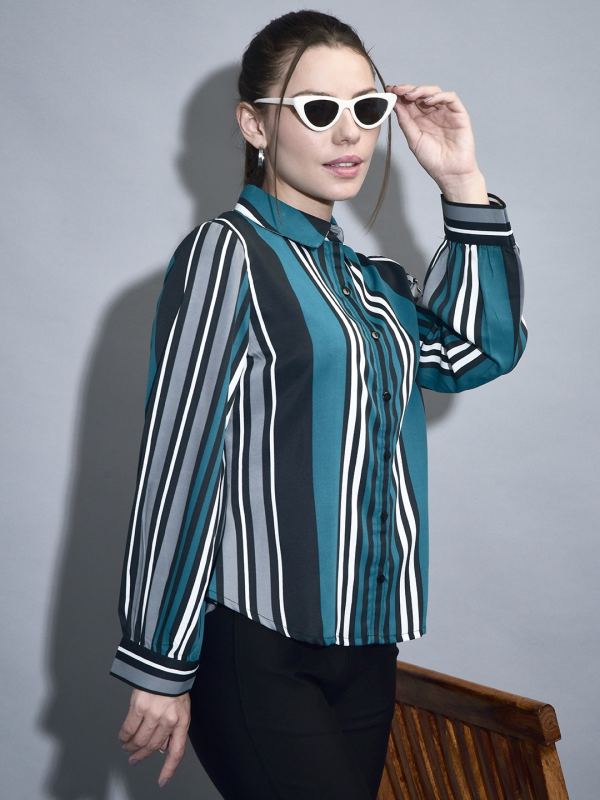 Striped Grace Georgette Shirt for Women - Teal Blue