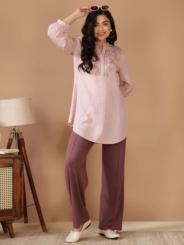 The Champagne Glimmer Beaded Jacquard Tunic for Women - Onion