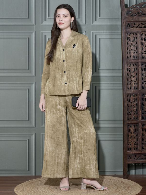 Luxe Notch-Collar Brooch Co-ord Set for Women - Khaki